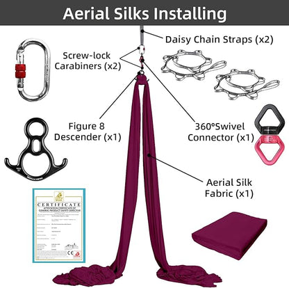 PRIOR FITNESS Aerial Silks Set, Professional Thicker Low Stretch Fabric 9/15/20 Yards Aerial Silk Swing Set with Hardware Guide, Yoga Starter Kit For Home, Aerial Yoga Hammock, Silks for Gymnastics, Antigravity Yoga, Inversion Exercise-All Levels