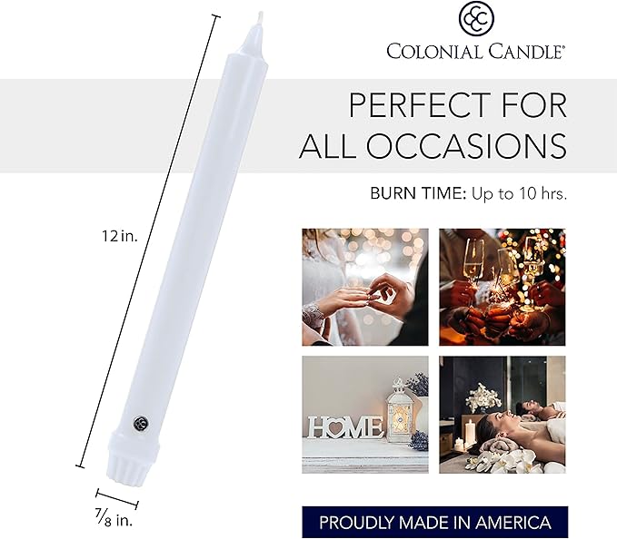 Colonial Candle Unscented Taper Candle, Classic Collection, White, 12 In, Pack of 12 - Up to 10 Hours Burn