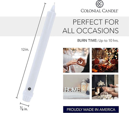 Colonial Candle Unscented Taper Candle, Classic Collection, White, 12 In, Pack of 12 - Up to 10 Hours Burn