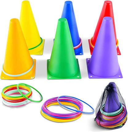 OBTANIM 26 Pcs Plastic Colorful Cones Ring Toss Combo Set Outdoor Carnival Games for Kids Adults Birthday Party Throwing Backyard Games