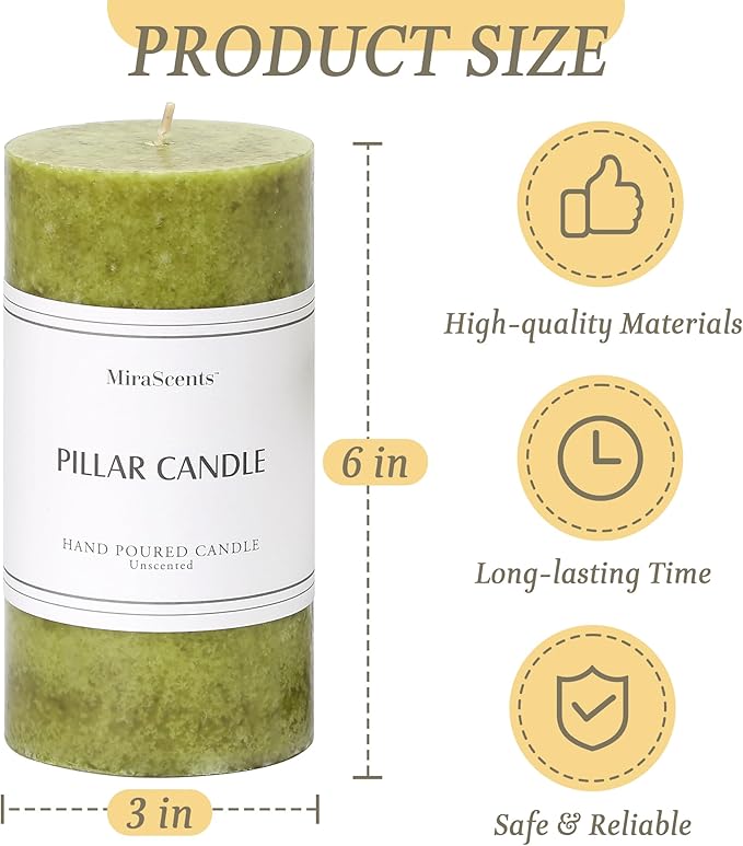 3x6 inch Green Pillar Candles Set of 3, Unscented Pillar Candle, Dripless and Smokeless Large Candles, Candle for Home Decor, Dinner Table,Weddings, Holidays
