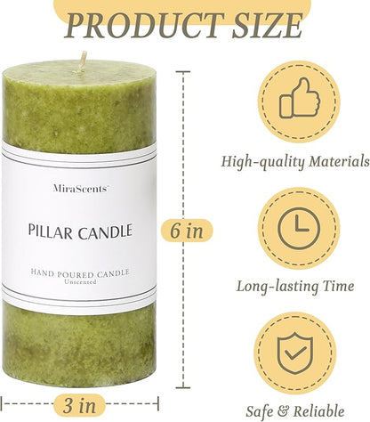 3x6 inch Green Pillar Candles Set of 3, Unscented Pillar Candle, Dripless and Smokeless Large Candles, Candle for Home Decor, Dinner Table,Weddings, Holidays