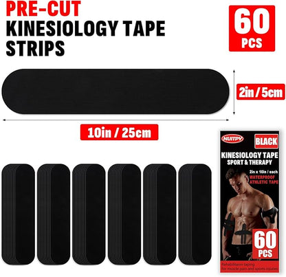 60PCS Precut Kinesiology Tape Strips, 2 inch x 10 inch Athletic Tape, Kinetic Tape, Elastic Muscle Tape, Sports Tape, Knee Tape for Exercise and Daily Use - Black