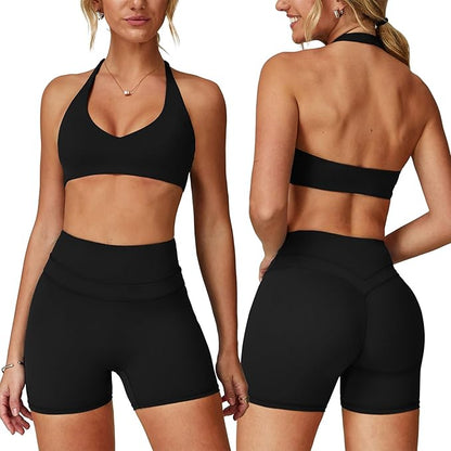 Two piece yoga short set for women with Halter top and gym short Matching workout sets for yoga,Pilates,run
