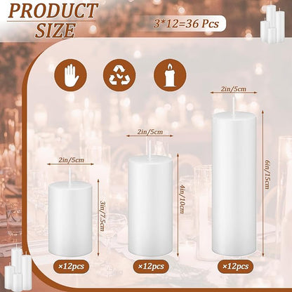 36 Pcs White Pillar Candles Bulk Set，Hurricane Candlesï¼? Different Lengths 2 x 3/4/6 Inch (12 Each)，Dripless Unscented Smokeless，Gives You a Better Atmosphere When Organizing an Event Party.