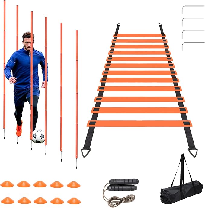 Soccer Agility Poles Set with Agility Ladder Soccer Cones Jump Rope Adjustable Detachable Soccer Agility Training Equipment for Speed Training