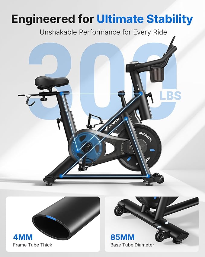 MERACH Exercise Bike, Brake Pad Stationary Bike with Exclusive App, Low Noise Indoor Cycling Bike with 300lbs Weight Capacity, Tablet Mount and Fitness Courses for Weight Loss