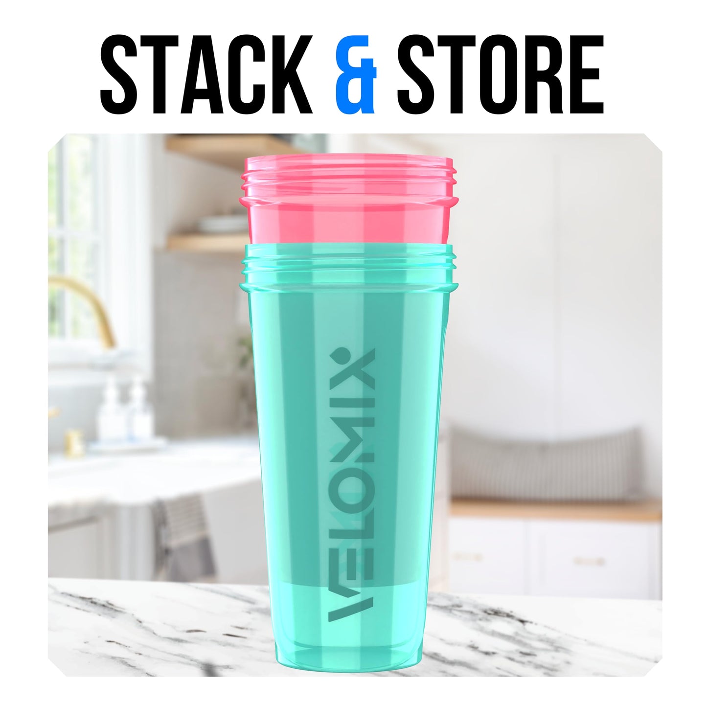 VELOMIX 2 Pack 28oz Protein Shaker Bottle for Protein Mixes, Pink/Turquoise