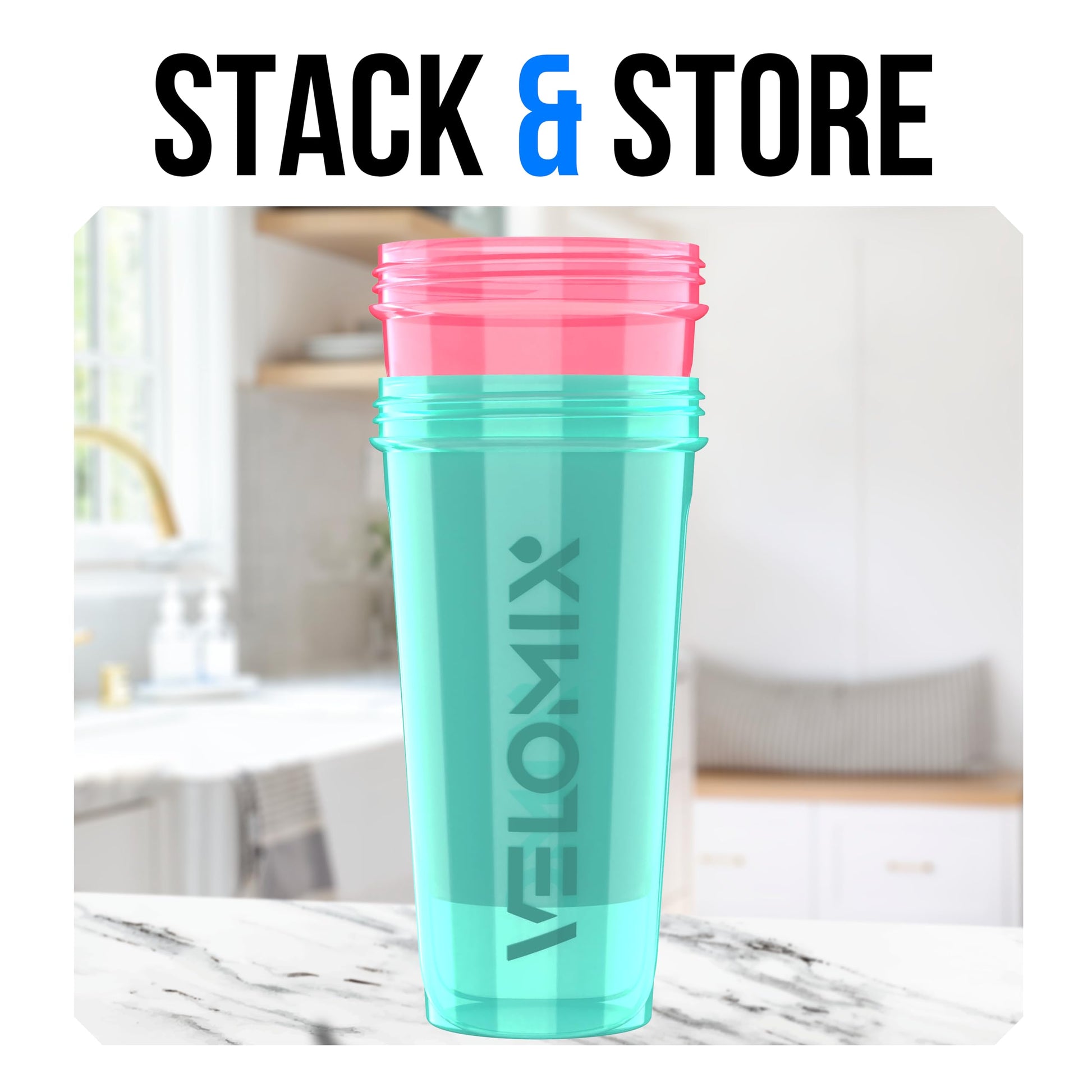 VELOMIX 2 Pack 28oz Protein Shaker Bottle for Protein Mixes, Pink/Turquoise