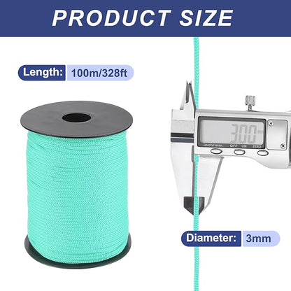 MECCANIXITY 1/8 Inch Polypropylene Rope Braided Ropes, 328ft Nylon Rope Hollow Utility Cord for Clothesline, Camping, Hiking, Outdoor, Light Blue