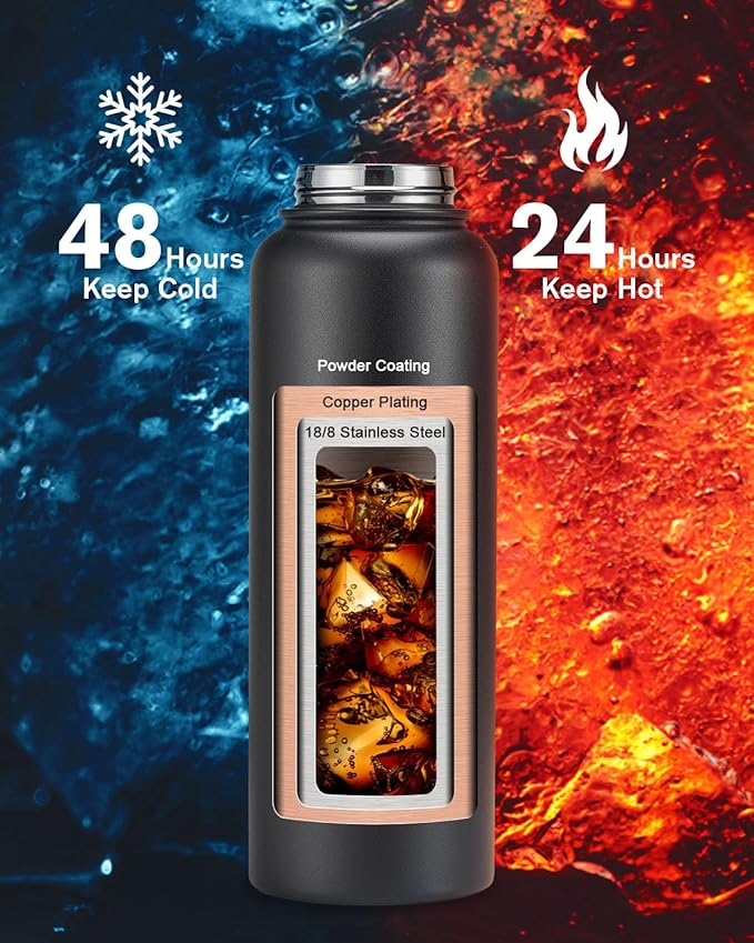 40oz Insulated Water Bottle,Stainless Steel Vacuum Water Bottle, BPA-Free & Leakproof -with Paracord Handle,Strap,Straw Spout Lids,Large Water Jug for Gym Sports