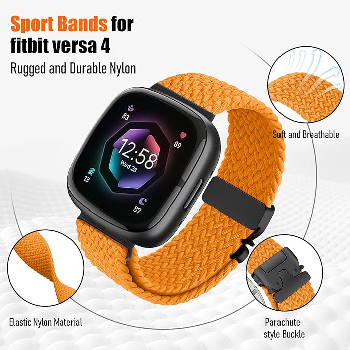 Braided Stretchy Band for Fitbit Versa 4/Versa 3/Sense 2/Sense Watch Band Women Men,Parachute-style Buckle Nylon Sport Wristband Soft Fabric Elastic Loop Strap Accessories for Versa 4/3