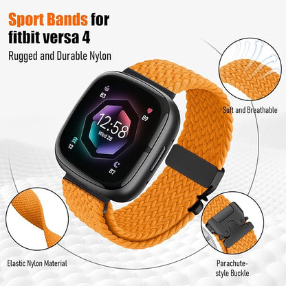 Braided Stretchy Band for Fitbit Versa 4/Versa 3/Sense 2/Sense Watch Band Women Men,Parachute-style Buckle Nylon Sport Wristband Soft Fabric Elastic Loop Strap Accessories for Versa 4/3