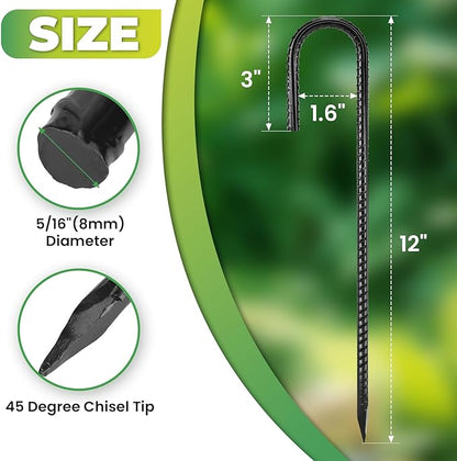 Ground Stakes 12 inches 18-Pack J Hook Rebar Stakes 5/16" Diameter Tent Stakes Heavy Duty Metal Stakes for Outdoor Decorations, Yard Inflatables and Chain Link Fence