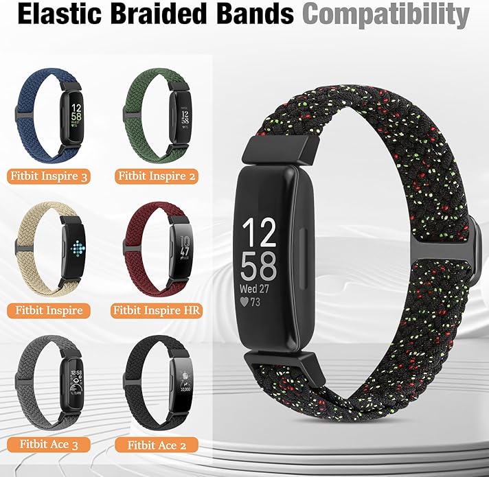 Elastic Braided Watch Band Compatible with Fitbit Inspire 3/Inspire 2/Inspire/Inspire HR/Fitbit ace 3/Ace 2, Adjustable Stretchy Strap Sport Nylon Loop Replacement Wristband for Fitbit Inspire