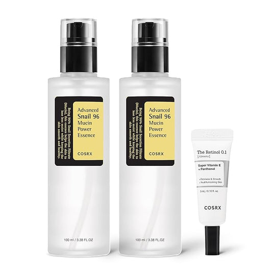 COSRX Snail 96% Mucin Power Essence 2ea & Retinol 0.1% Cream Mini Sample 1ea, Glass Skin Starter