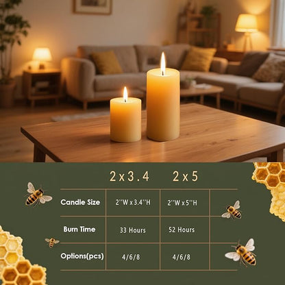 6 Packs 2x5 Inch Beeswax Candles, Natural Beeswax Pillar Candles with 52 Hours Burn Time, Organic Emergency Candle Long Burning for Home Decor, Gift Sending, Smokeless & Dripless