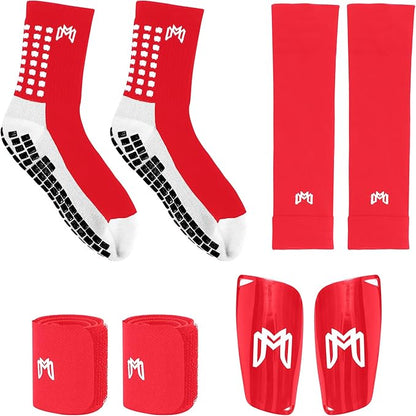 Soccer Grip Socks, Shin Guards, Pre Cut Sock Sleeves, and Guard Straps Bundle Pack - Essential Equipment for Soccer Players - for Mens, Women, Youth, Size 7 to 12 US Men Shoe Size