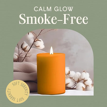Mister Candle Dripless Unscented Orange Pillar Candles, Set of 3 Hand Poured Solid Color Non-Scented Candles for Home Decor, Premium Wax, 60 Hr Burn Time - 3x4 Inch, Orange