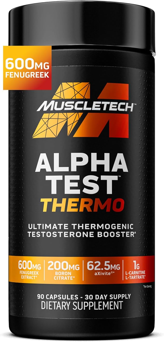 MuscleTech Thermogenic Testosterone Booster for Men, AlphaTest Thermo - T-Boost Mens Supplement with Tribulus Terrestris - Male Gym Workout Supplements for Muscle Growth, Stamina & Energy - 90 Pills