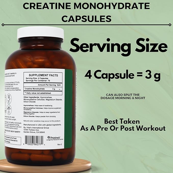 PRISTINE'S Creatine Monohydrate Capsules for Women & Men - NSF Certified 75 Day Supply 3G Muscle Growth Support Supplement - Cognitive & Athletic Performance Support - Enhanced Recovery