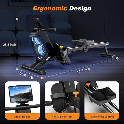 Magnetic Rowing Machine for Home Use, Foldable Rower with 32 Levels of Silent Resistance, LED Light Effects, Compact Dual Slide Rail, Max 350lb Capacity, Bluetooth & App Compatible