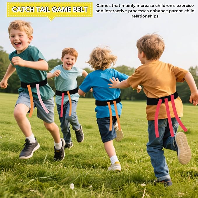 4-in-1 Outdoor Kids Party Games Set – Includes Hole Tarp Ball Game, Egg Spoon Race Game, 3 Legged Race Bands & Tail Tag Belts – Fun Team Building Backyard Carnival Birthday Games for Ages 5-12