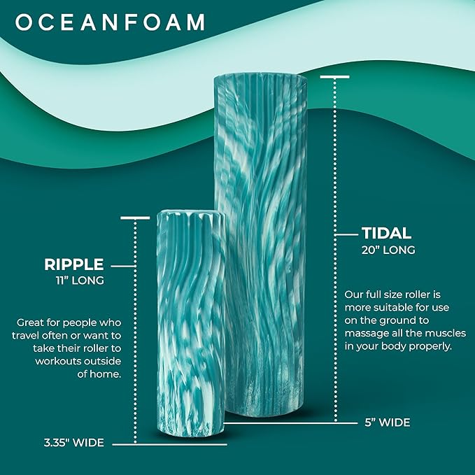 Oceanfoam Tidal Roller - Jade & Seafoam Marbled - Muscle Massage Foam Roller for Back Pain & Stretching - Firm and Ergonomic Wide Wave Textured - Yoga, Athletics, & Wellness - Full Size, 20" x 5"