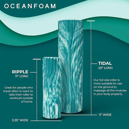 Oceanfoam Tidal Roller - Jade & Seafoam Marbled - Muscle Massage Foam Roller for Back Pain & Stretching - Firm and Ergonomic Wide Wave Textured - Yoga, Athletics, & Wellness - Full Size, 20" x 5"