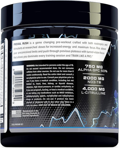 Cutler Nutrition High Stim Pre Workout Powder Prevail Rush Preworkout for Men & Women for Intense Pumps Energy and Focus with Caffeine NO3T Betaine and Dynamine | Sour Blue Razz (20 Servings)