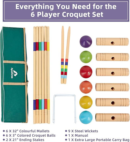 ApudArmis 32In Six Player Croquet Set with Deluxe Premiun Pine Wooden Mallets,Colored Ball,Wickets,Stakes - Lawn Backyard Game Set for Adults/Teens/Family (Large Carry Bag Including)