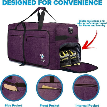 Bago Large Foldable Duffel Bags for Traveling Women & Men - 100L Packable Duffle Bag for Travel with Shoe Compartment - Water Repellant, Heavy Duty, Lightweight Folding & Collapsible (SnowDepPurple)