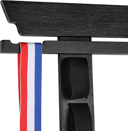 JUXYES Wall Hanging Martial Arts Belts Organizer for 10 Belts with Medal Hanger and Stickers, Bamboo Karate Belt Display Holder Rack, Taekwondo Belt Display Holder for Martial Arts Learners