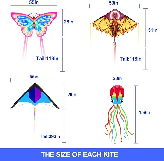 4Pack Large Kite Set - Easy to Fly for Kids Adults, Beach & Park & Outdoor Activities, Perfect for Easter and Festival
