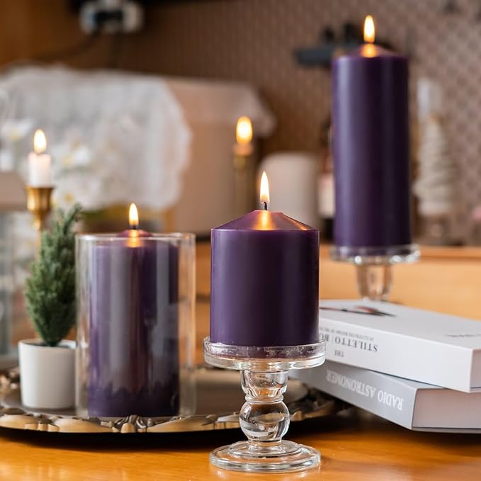 MOZEAL 3" x 6" Hand-Poured Unscented Dark Purple Pillar Candles,Dripless Candles Set of 3,Long Lasting Burning,Approx 100 Hours Burn Time for Wedding,Dinner,Christmas and Home Decor
