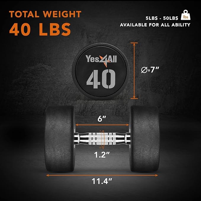 Yes4All Urethane Dumbbell with Anti-Slip Knurled Handle 5-50 LB for Muscle Building - Sold Individually
