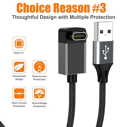 AGVEE 2 Pack 6.6ft Charger for Garmin Watch, L-Shape Zero Gap Charging Cable for Fenix, Forerunner, Vivoactive, Instinct, Venu, Tactix, Approach, D2, Quatix Series, Right Angle Braided, Dark Gray