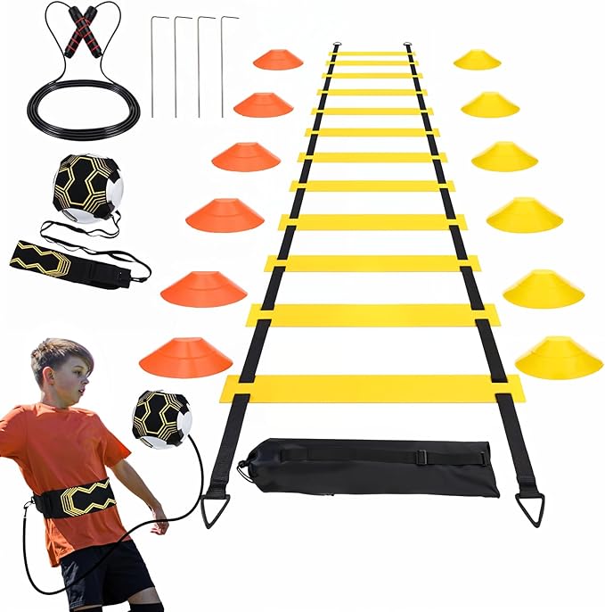 Soccer Agility Training Equipment Set, 12 Rung 20Ft Agility Ladder, 12 Disc Cones, 4 Steel Stakes, Solo Soccer Trainer, Jump Rope - Speed Training Equipment for Soccer Football Basketball