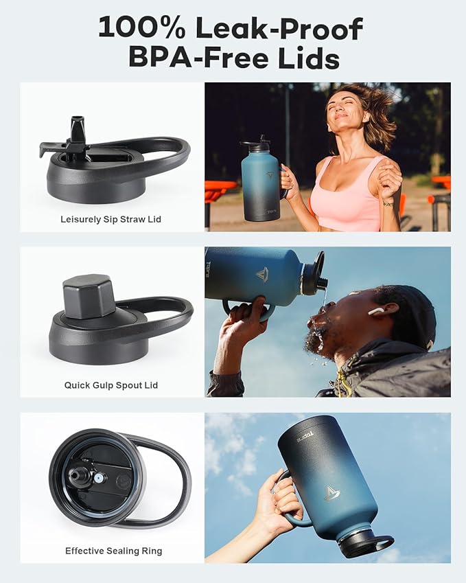 64oz Water Bottle Insulated with Handle,Double-Wall Vacuum Stainless Steel (Cold for 48 Hrs), Half Gallon Water Jugs,Reusable Metal Water Flask with Carry Pouch,Straw & Spout Lid,Indigo Black