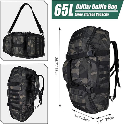65L Large Duffle Bag, 3-in-1 Tactical Backpack MOLLE Pack for Sports, Gym, Outdoor, Black Camo