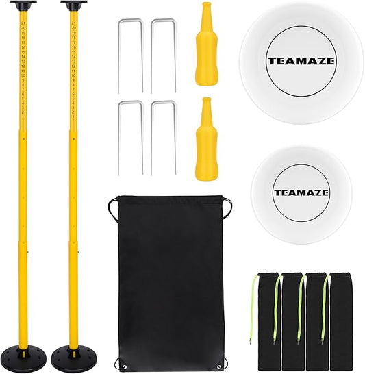 Teamaze Flying Disc Game Set with Height-Adjustable Poles & Score Tracker, Outdoor Bottle Toss Game for Beach, Lawn, Camping, Polish Horseshoes Set for Family & Friends Party Games