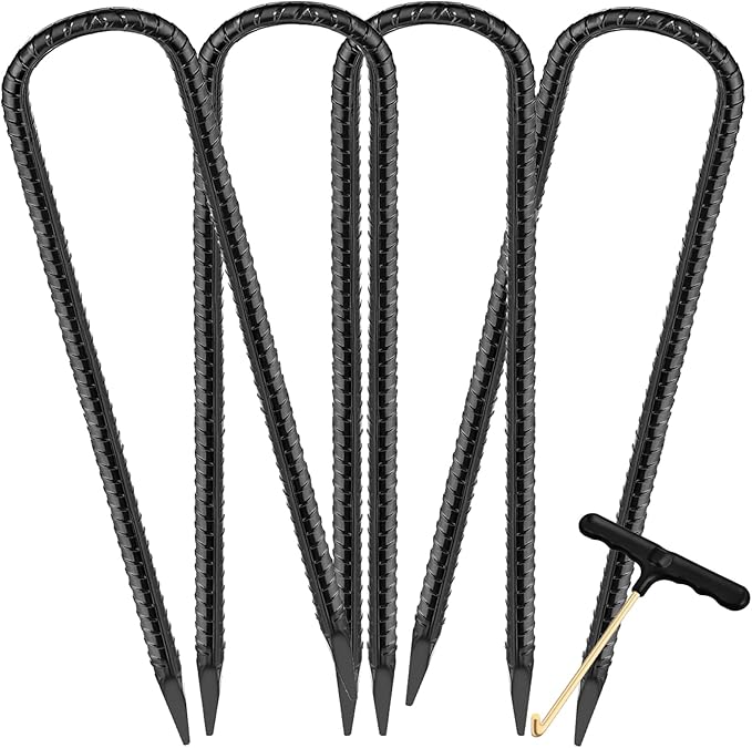 Trampoline Stakes Anchors High Wind Heavy Duty 12inch U Type Safety Trampoline Wind Stakes Galvanized Steel (4Pcs, Black)