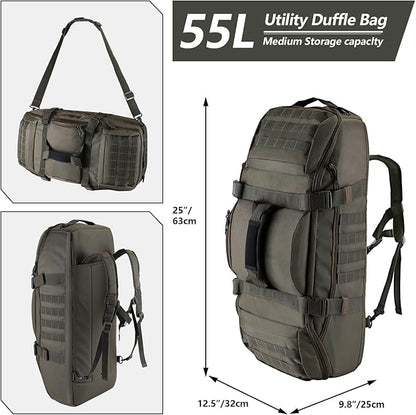 55L Large Duffle Bag, 3-in-1 Tactical Backpack MOLLE Pack for Sports, Gym, Outdoor, Olive Green