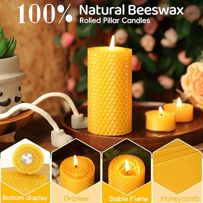 6 Pack Natural Beeswax Pillar Candles,Handmade Pure Beeswax Rolled Candles-120 Hours Long Burning,Honeycomb Bees Wax Candle for Home, Prayer,Dripless Smokeless Unscented Pillar Candle 2x4in