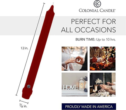 Colonial Candle Unscented Taper Candle, Classic Collection, Traditional Cranberry, 12 In, Pack of 12 - Up to 10 Hours Burn