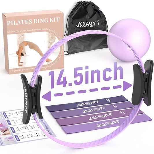 JKSHMYT Silicone Pilates Ring-14.5" Home Pilates kit with Padded Handles, Mini Ball, Resistance Bands, Guide & Bag, Better me Pilates Essentials Circle Set for Workouts Women