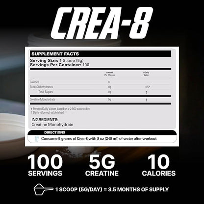 EHP Labs CREA-8 Micronized Creatine Monohydrate Powder - Unflavored Creatine Powder for Muscle Growth, Increased Strength, Enhanced Energy Output and Improved Performance - 100 Servings (500g)