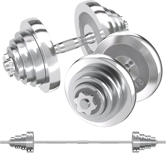 VIVITORY Fitness Dumbbells Set, Adjustable Weight Sets up to 11/22/44/66/110 lbs, with Metal Connecting Rod Used As Barbell, Chromed Weights, Hardcover Gift Box, Home Gym Work Out Training Equipment