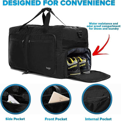 Bago Large Foldable Duffel Bags for Traveling Women & Men - 100L Packable Duffle Bag for Travel with Shoe Compartment - Water Repellant, Heavy Duty, Lightweight Folding & Collapsible (All Black)