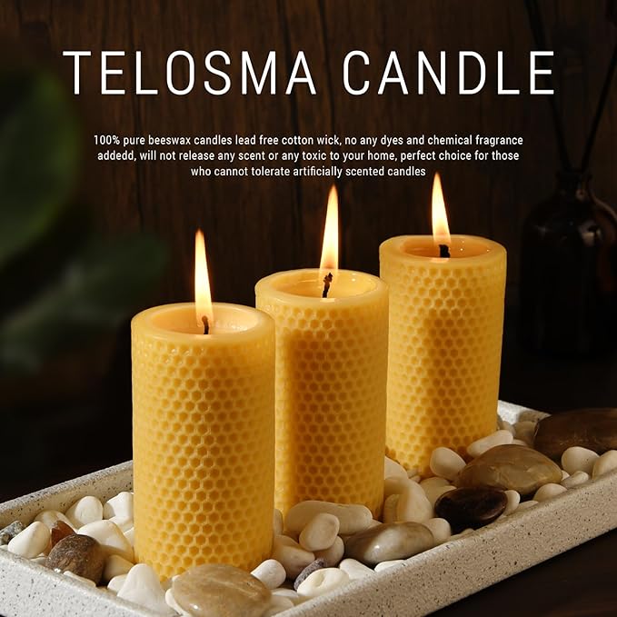 Pure Natural Beeswax Pillar Candles - Pack of 3 - Honeycomb Surface, No Scent- for Emergency/Prayer/Relax (2inch Diameter, 4 inch Tall - Yellow)